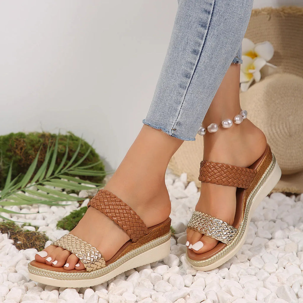 Women's gold wedge sandals with adjustable ankle strap showing PU leather construction and rubber sole