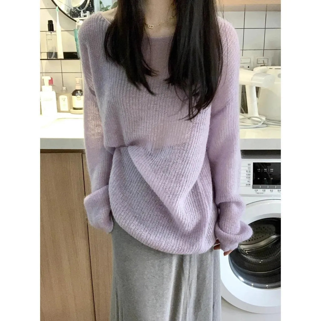 Purple ice silk blouse with round neck, princess sleeves, and hollow-out design details