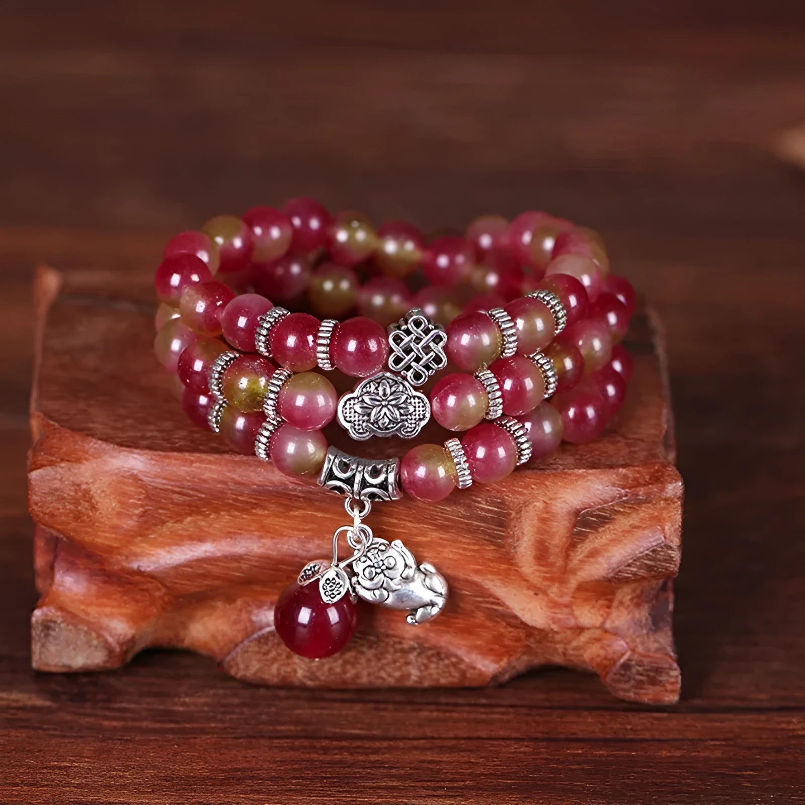 Handmade natural watermelon crystal bracelet with Chinese knot in elephant style geometry design