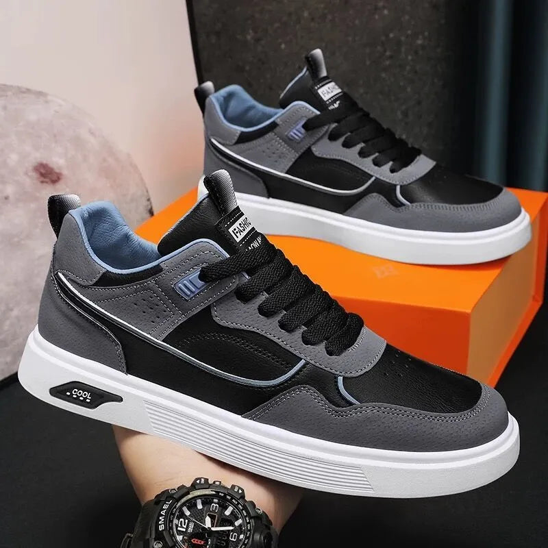 Men's canvas board shoes with mesh lining in black, beige and grey colours showing round toe and flat heel design