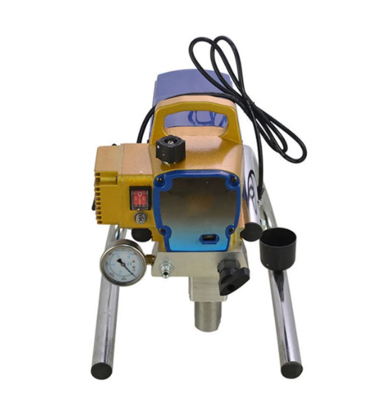 Portable blue electric airless spraying machine with spray gun and accessories on a workbench.