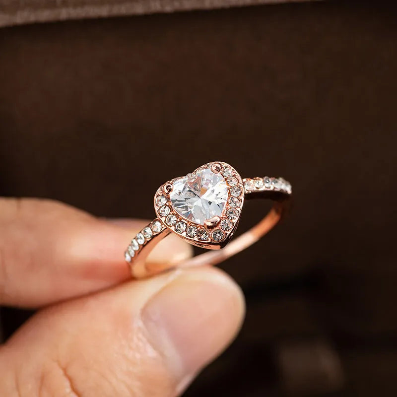 Heart-shaped crystal women's ring in rose gold or silvery electroplated finish