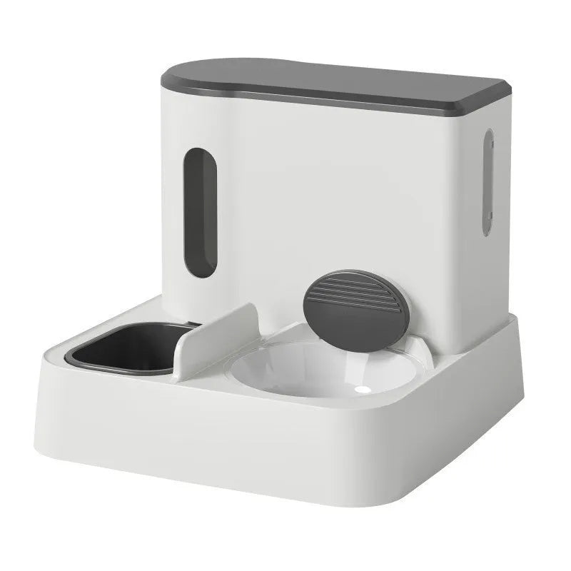 Grey automatic cat feeder with integrated water dispenser and double bowl design