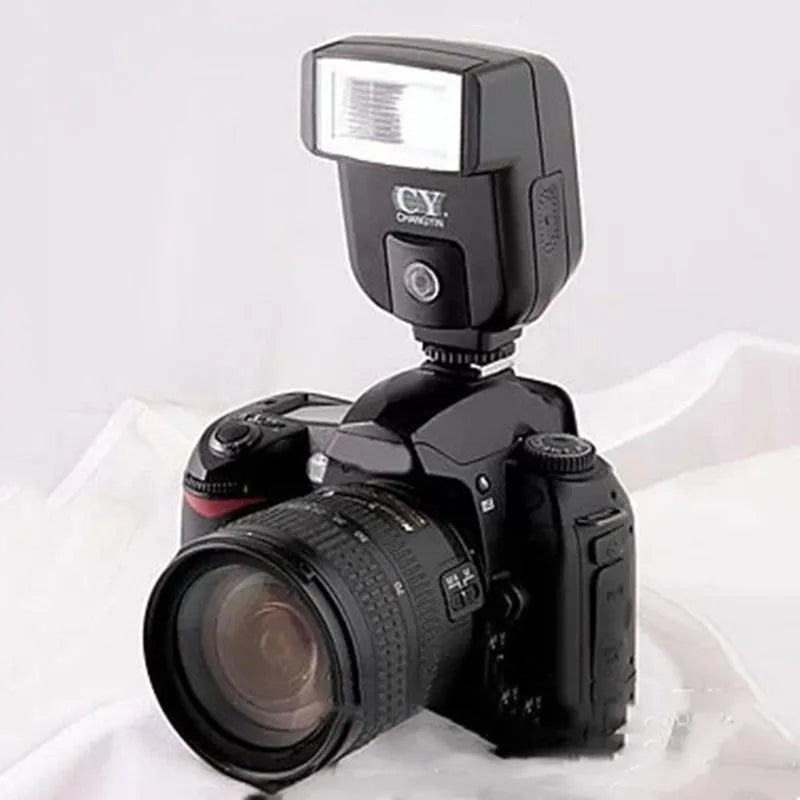 SLR camera flash accessory showing 90-degree upward rotation capability and compact design