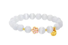 Sterling silver character fu bag bracelet with cold enamel peach blossom opal, flower shape, Gray Island Peach Blossom style, on white background