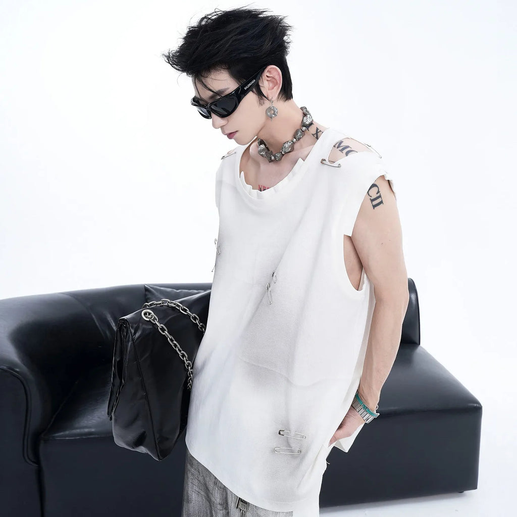 Men's black waistcoat vest with ripped irregular cutting detail, round neck, and sleeveless t-shirt style.