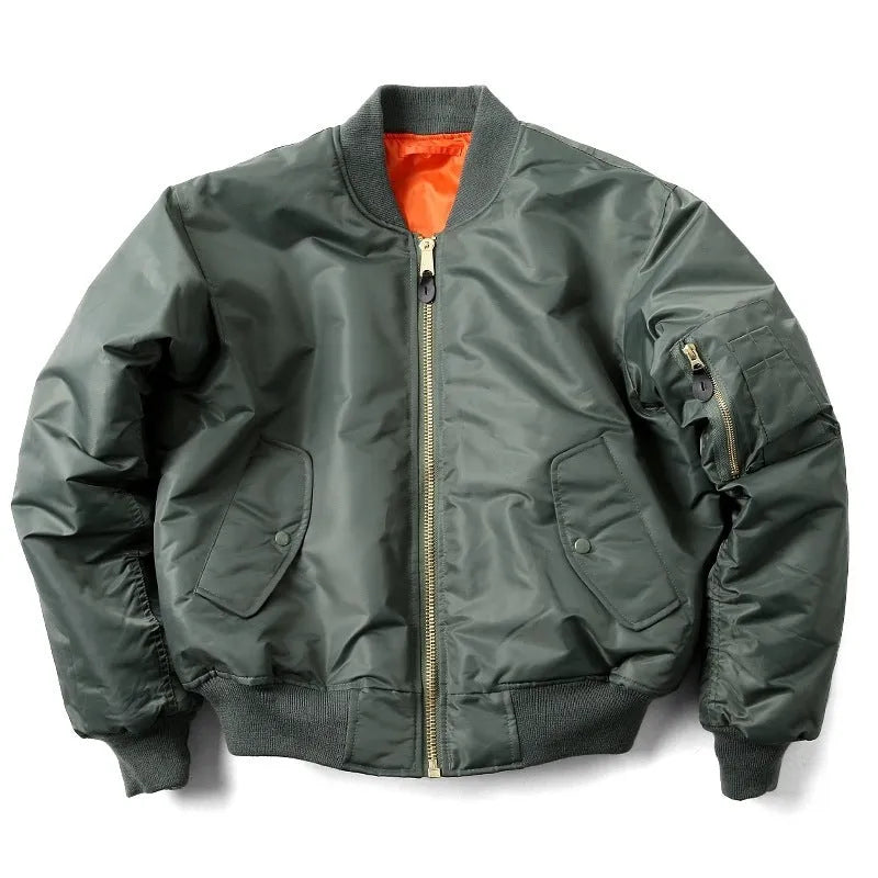 Men's American workwear pilot cotton-padded jacket in army green colour showing loose fit styling