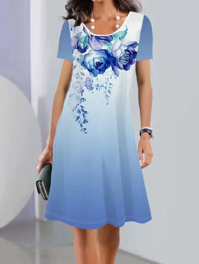 Women's floral print mid-length A-line summer dress on a hanger