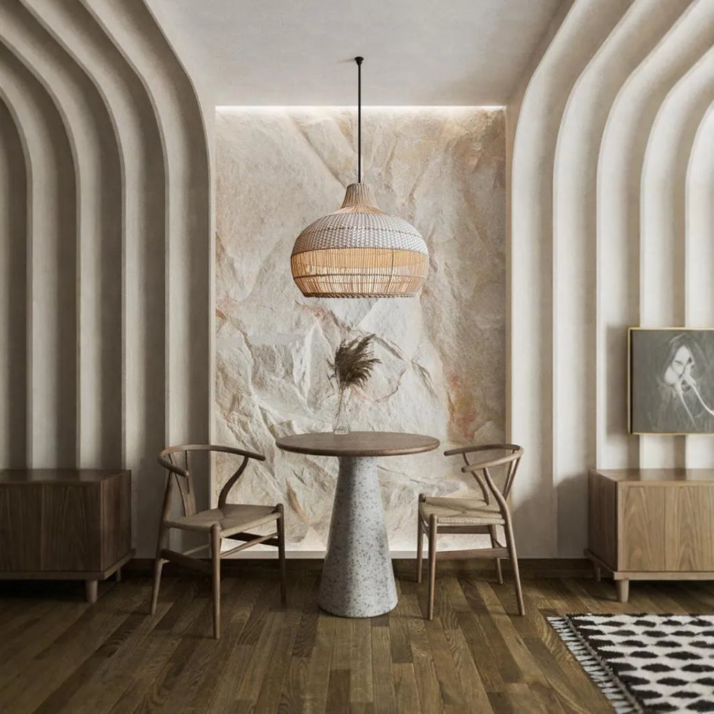 Woven rattan chandelier light fixture with a 60cm diameter in a pastoral Southeast Asian style.