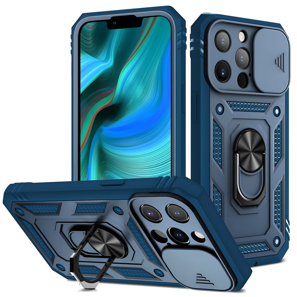 Magnetic sliding bracket phone case for iPhone in two-tone sapphire blue colour.