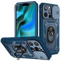 Magnetic sliding bracket phone case for iPhone in two-tone sapphire blue colour.