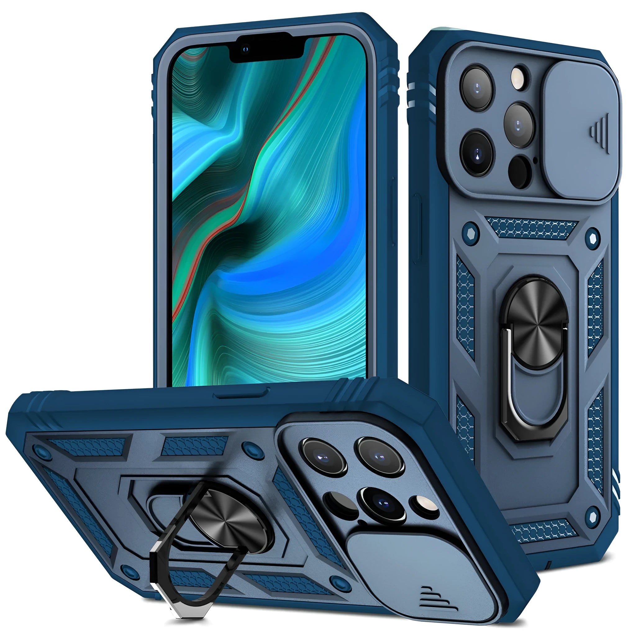 Magnetic sliding bracket phone case for iPhone in two-tone sapphire blue colour.