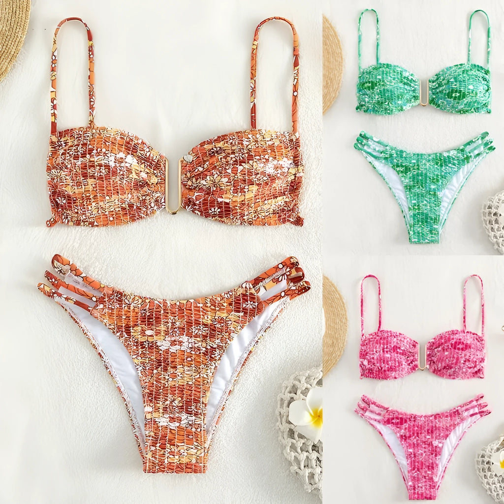 Women's high-waist floral bikini swimsuit in nylon with bra and panty set