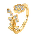 Women's open ring with diamond-cut floral leaf design in gold finish