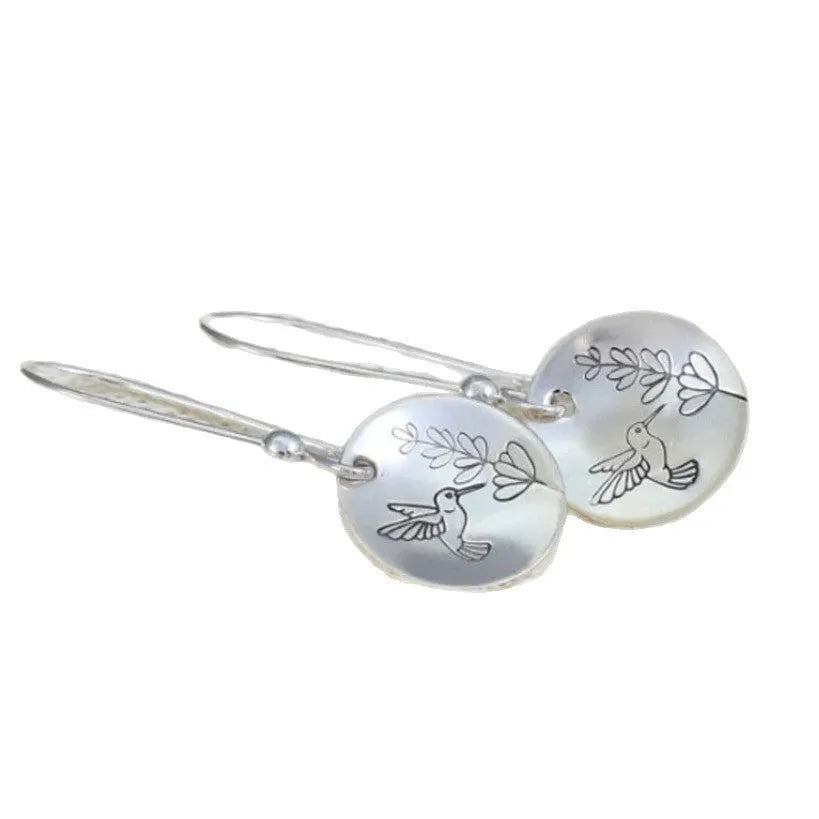 Silver women's earrings with glossy round retro bird and floral design in zinc alloy