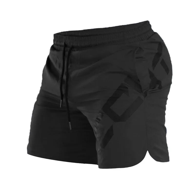 Men's knee-length quick-dry nylon sports shorts in black with elastic mid-waist