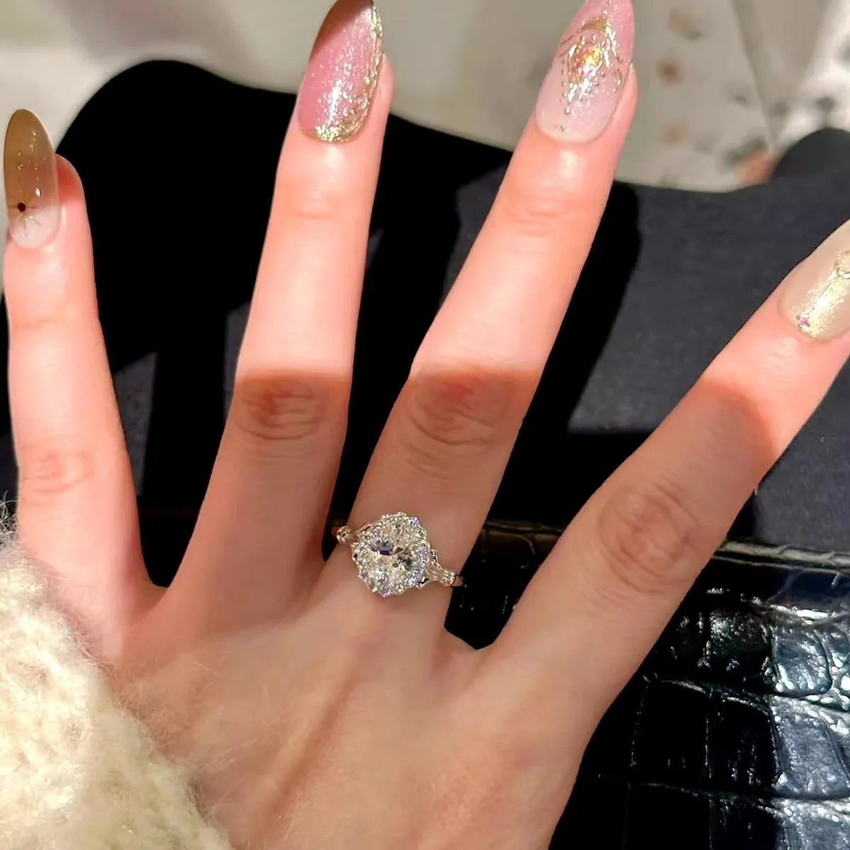 Silver adjustable opening ring with geometric diamond bouquet design for women