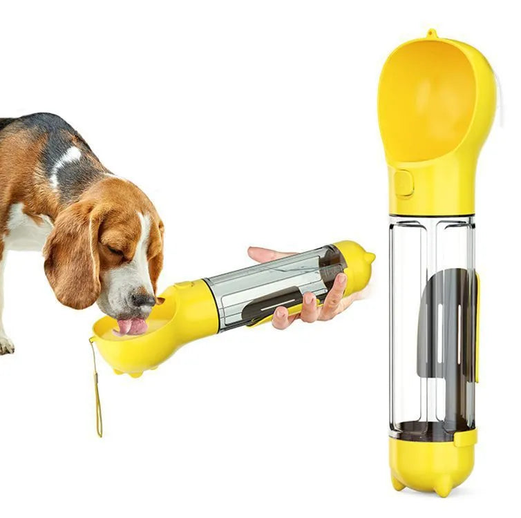 Portable 3-in-1 dog water bottle with leak-proof design, poop bag dispenser, and treat holder in aquamarine colour