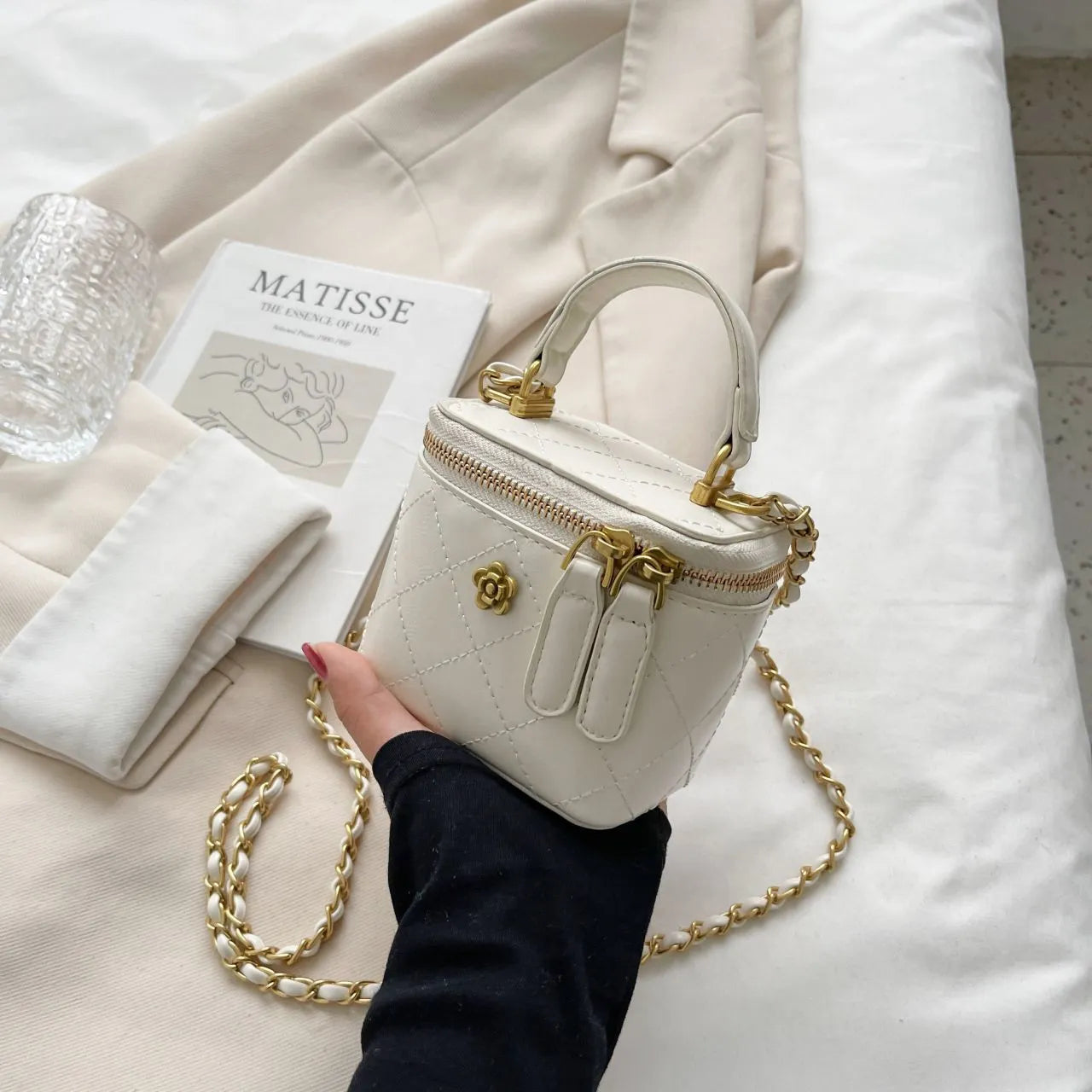 Portable Diamond Chain Mini Satchel nylon crossbody bag with chain strap in beige colour