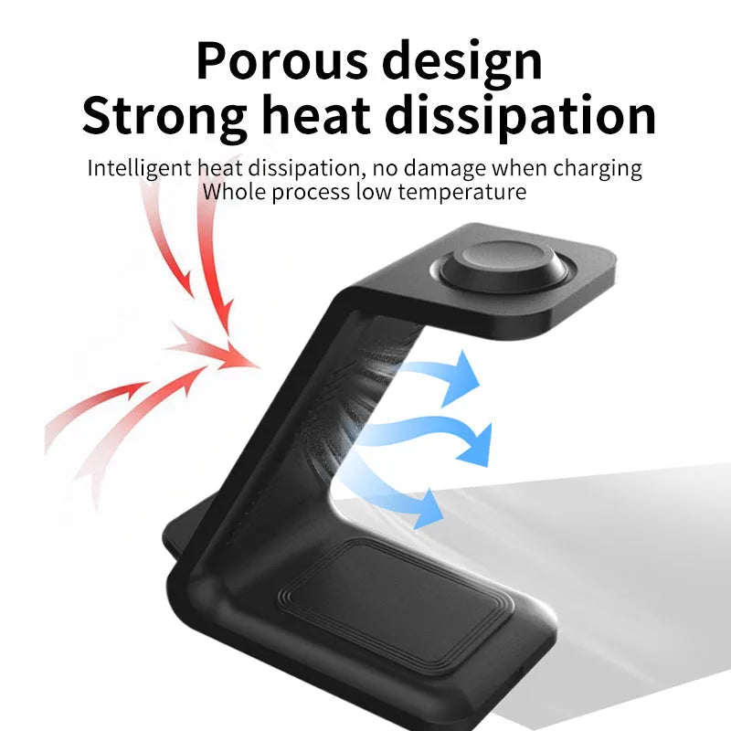 White 3-in-1 wireless charger stand with upright phone holder and dual-coil charging pad