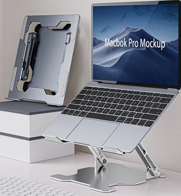 Grey aluminum laptop stand with adjustable angle and hollow heat dissipation design