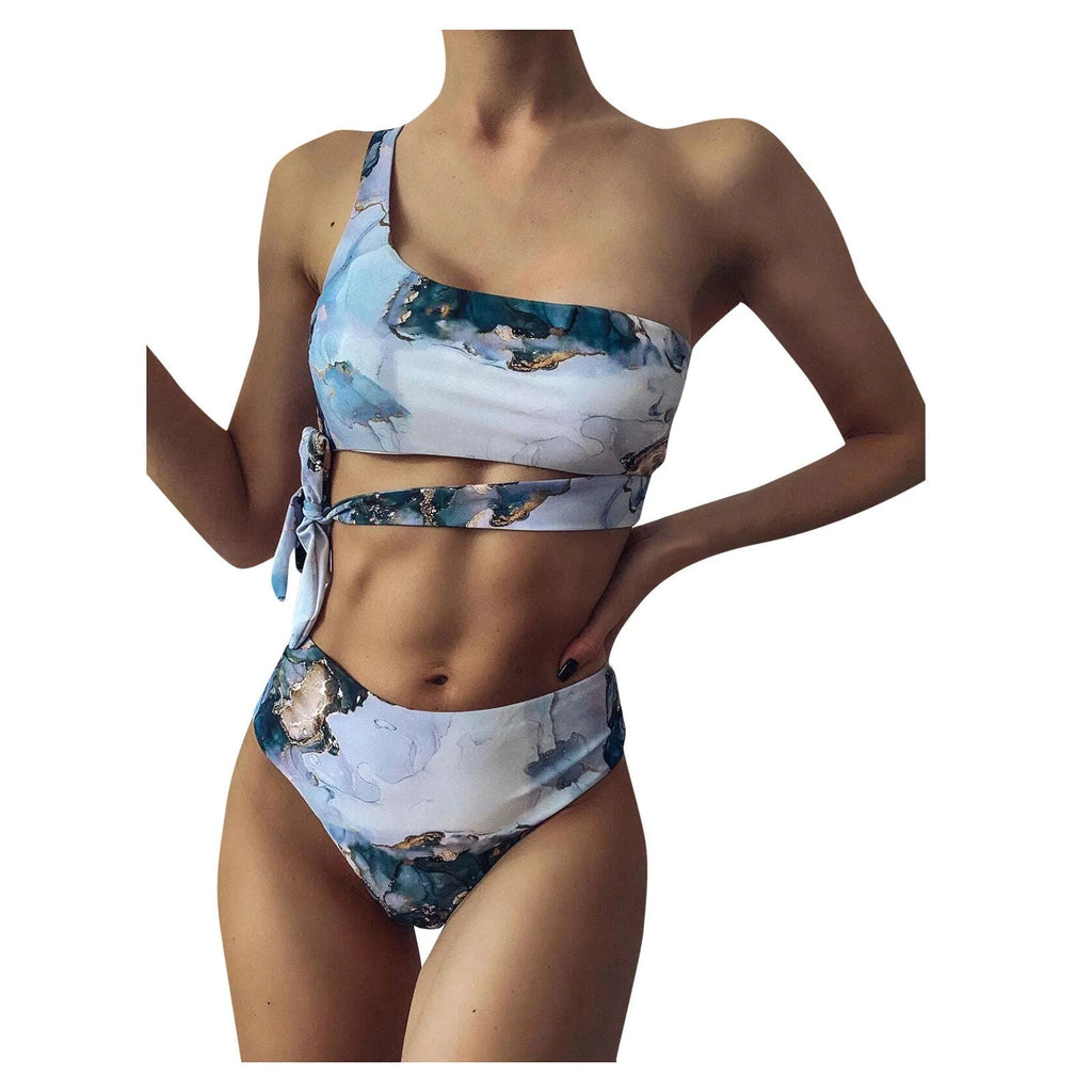 Women's marble print high-waist bikini set in blue tie-dye pattern for swimming.