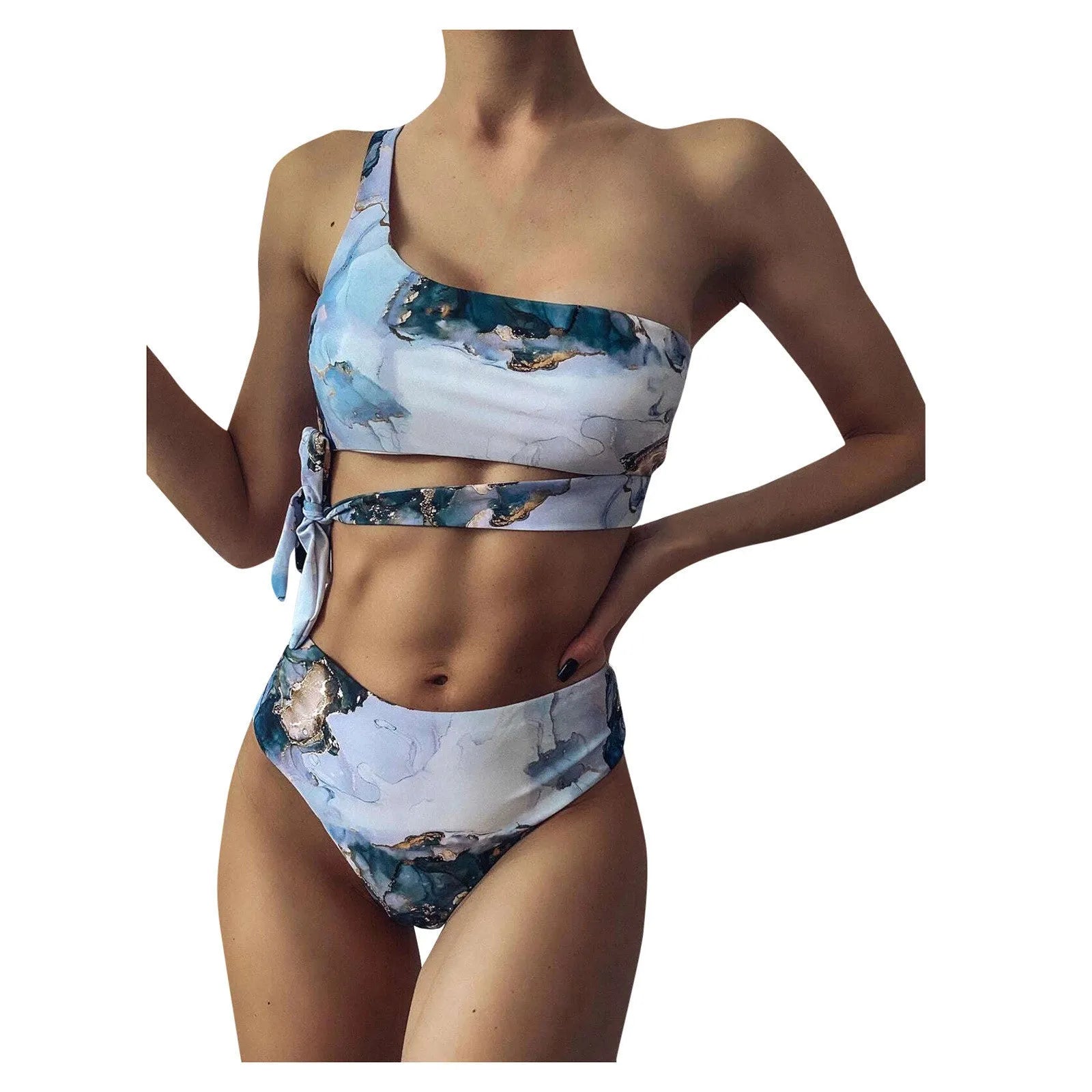 Women's marble print high-waist bikini set in blue tie-dye pattern for swimming.