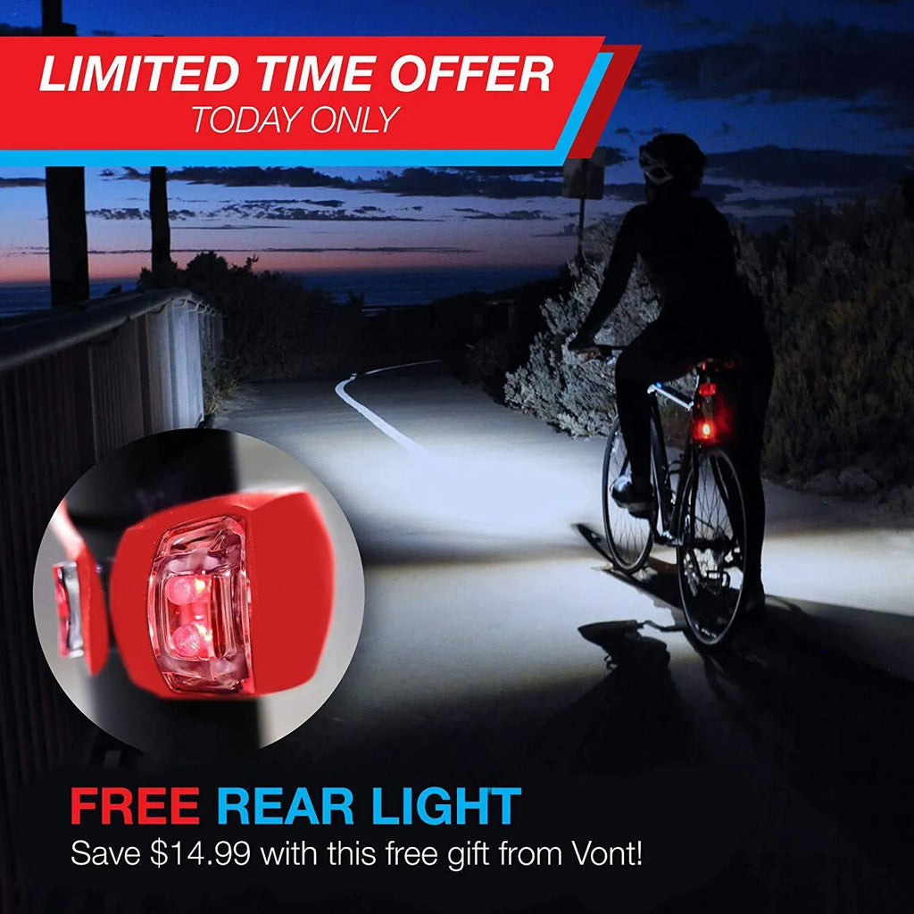 Bicycle headlight and red taillight set with metal handlebar mounting bracket on a white background.