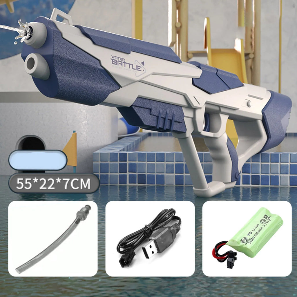 Blue electric space water gun with trigger, shown with USB charging cable and battery.