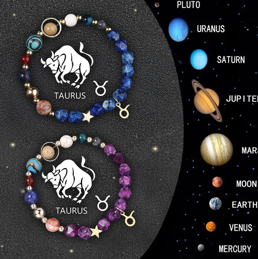 Pair of natural stone beaded bracelets with zodiac sign symbols on a background.
