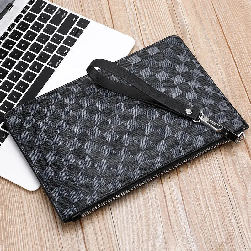 Men's soft PU leather clutch wallet open, showing six card slots, a bill compartment, and a zipper pocket.