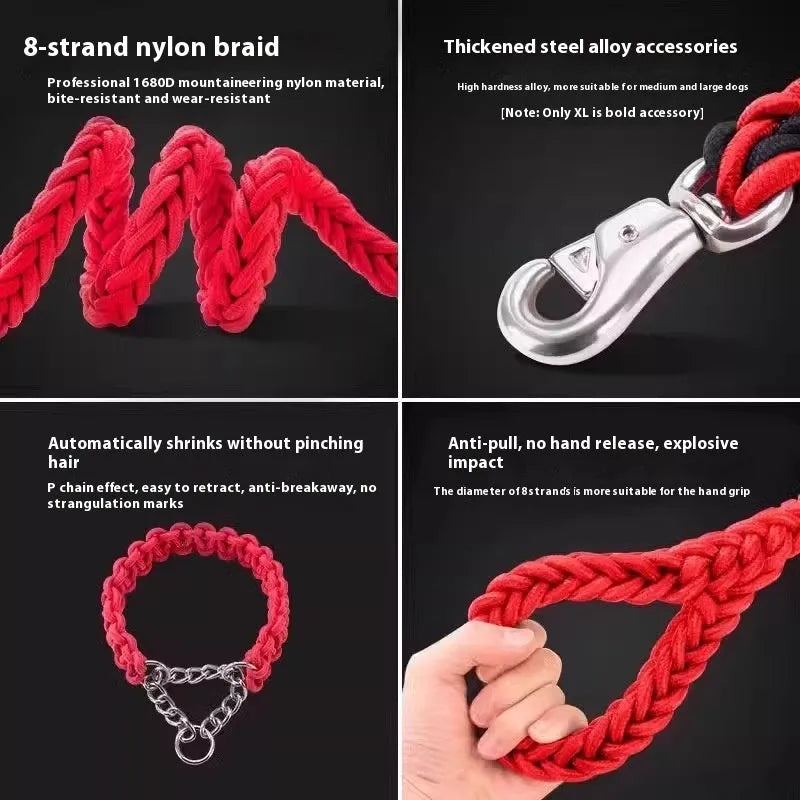 Nylon dog rope collar P chain set in black 1.2m length on surface with traction rope
