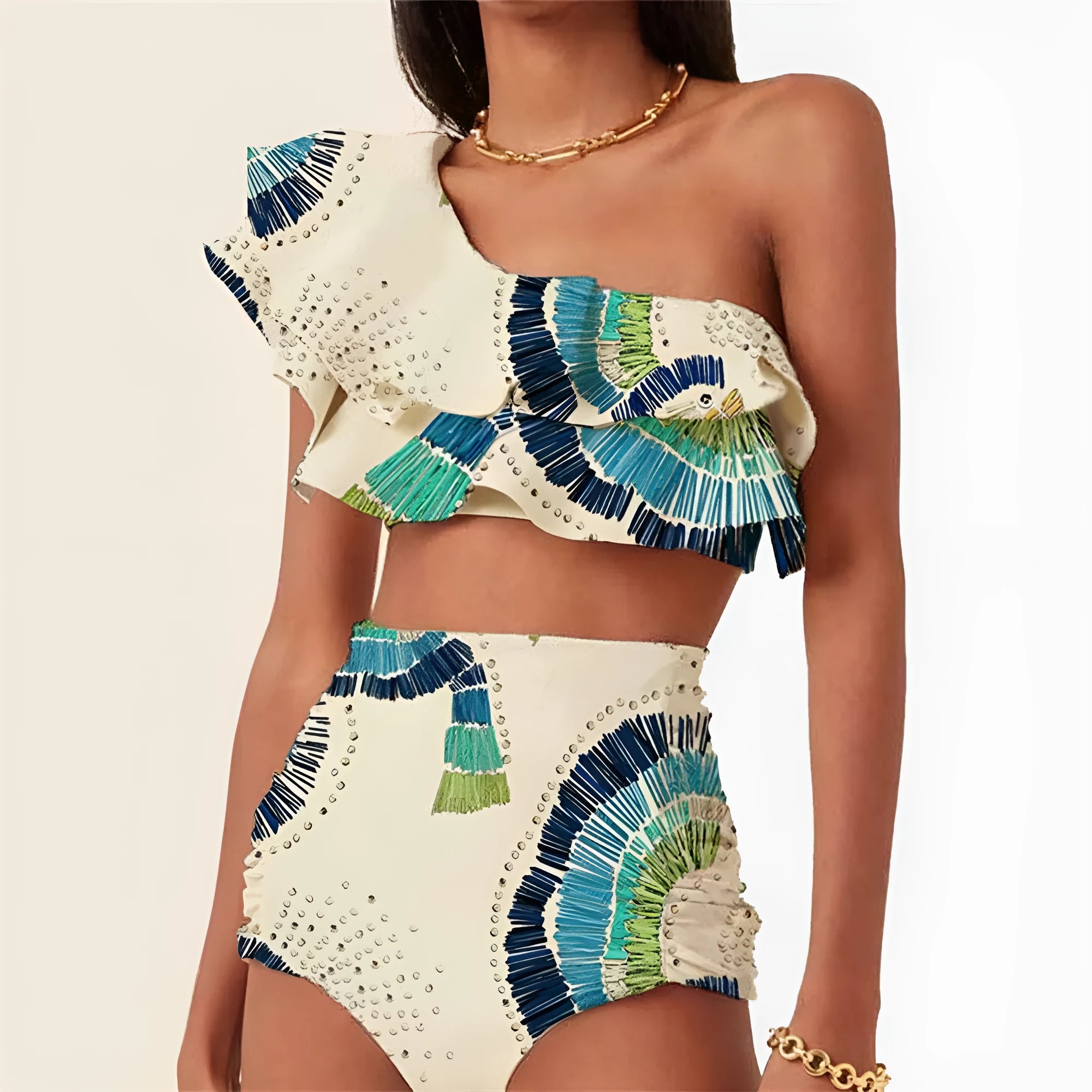 White one-shoulder women's swimsuit with lotus leaf decoration and high-leg split