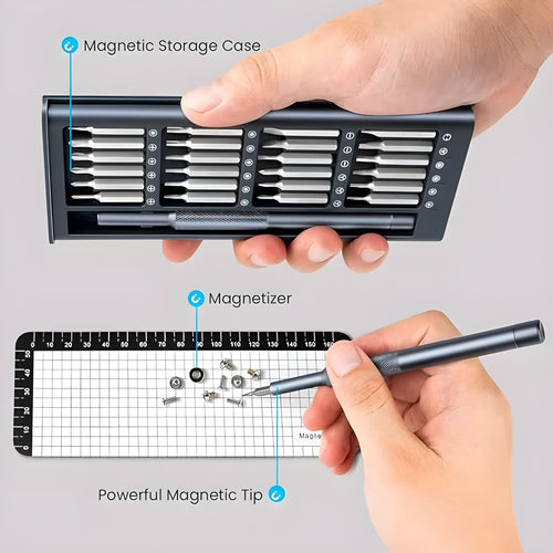 25-in-one magnetic screwdriver set with knurled handle and chrome vanadium steel bits.