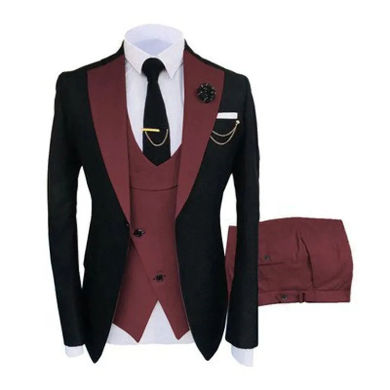 Men's slim fit three-piece business suit with coat, vest, and trousers in cotton fabric.