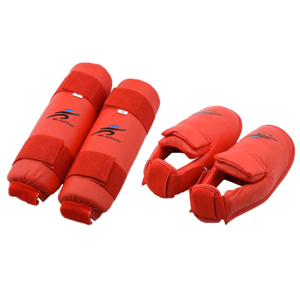 Karate Taekwondo protective gear set with blue leg guard, helmet and boxing gloves