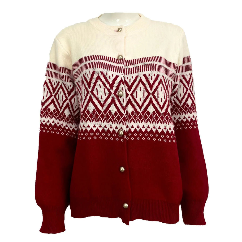 Grey alpaca wool women's cardigan with pink diamond knit contrast sleeves.