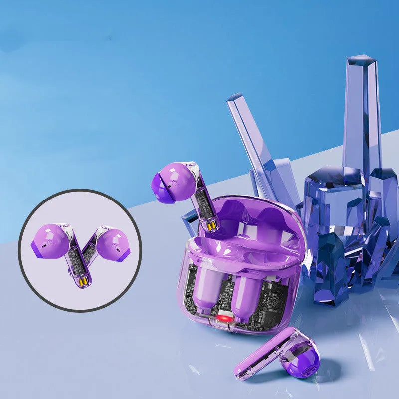 Wireless Bluetooth headset with transparent cabinet showing internal components