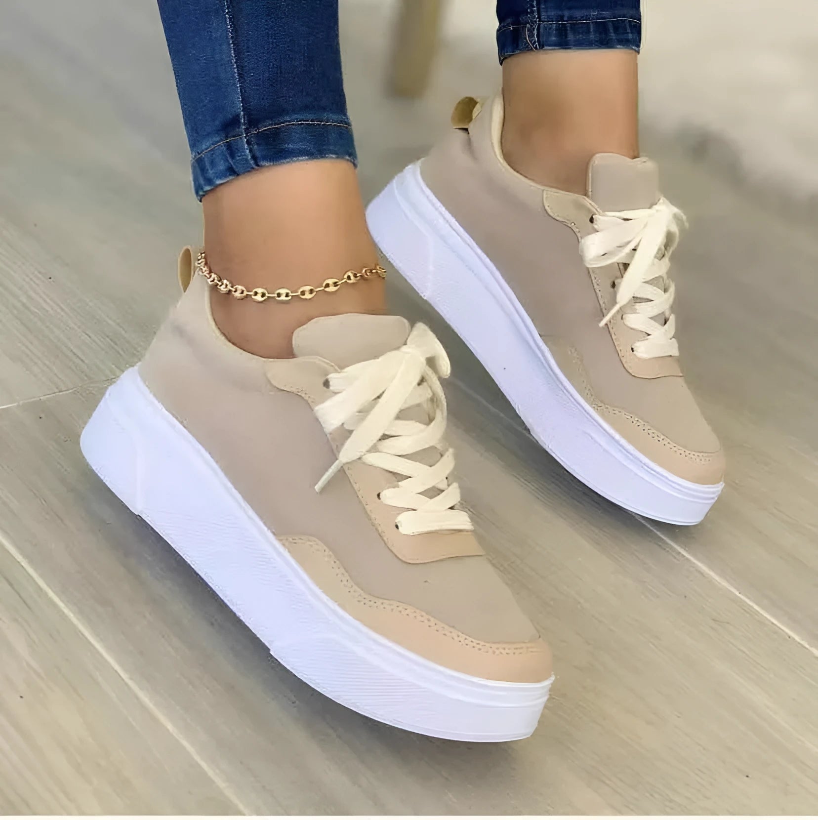 Women's casual lace-up flat sneakers in green with mesh upper and thick rubber sole