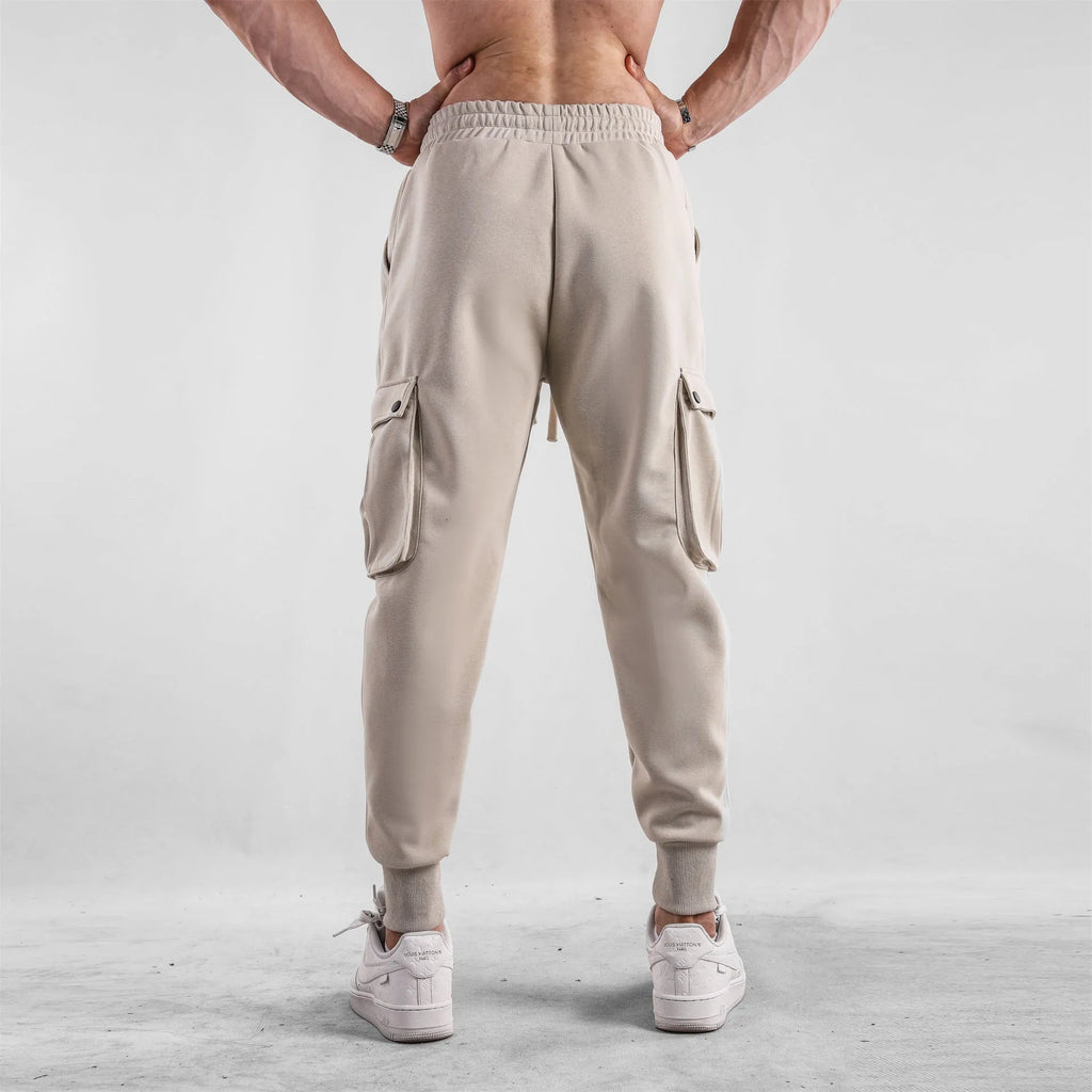 Men's loose cotton sports trousers with multi-pockets and ankle-tied cuffs in six colour options