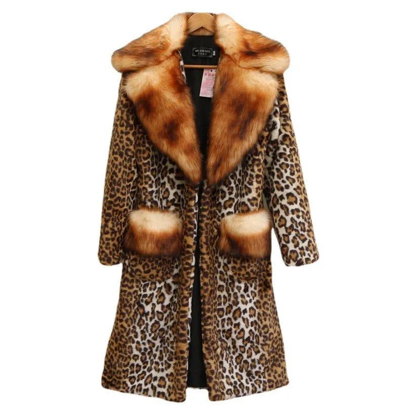 Women's long leopard print artificial fur jacket on hanger, showing regular sleeves and full length.