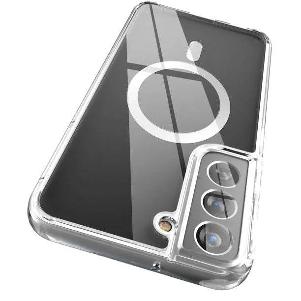Transparent MagSafe magnetic TPU phone case for Samsung Galaxy S21, S22, S23 models on a table.
