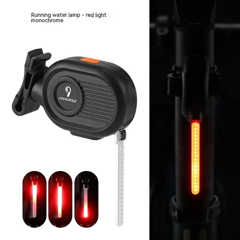 Bicycle running water taillight with COB LED showing waterfall effect in multiple colours