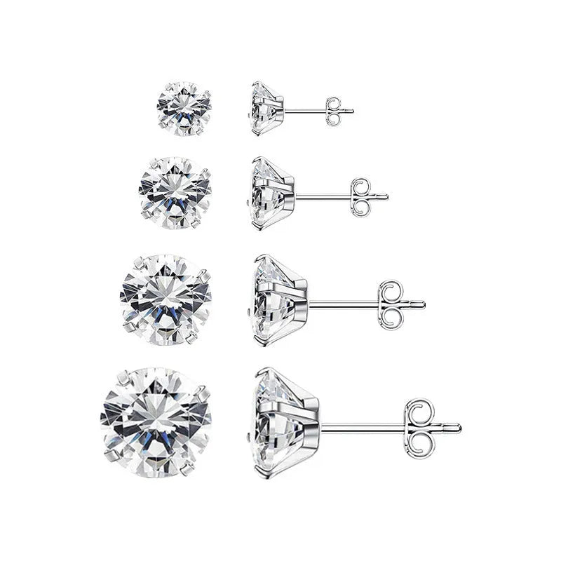 Square geometric stud earrings with a round zircon stone in stainless steel, shown in gold tone and steel colour finishes.