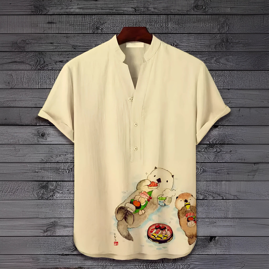 Men's 3D digital animal print short sleeve shirt in polyester fabric showing graphic design detail