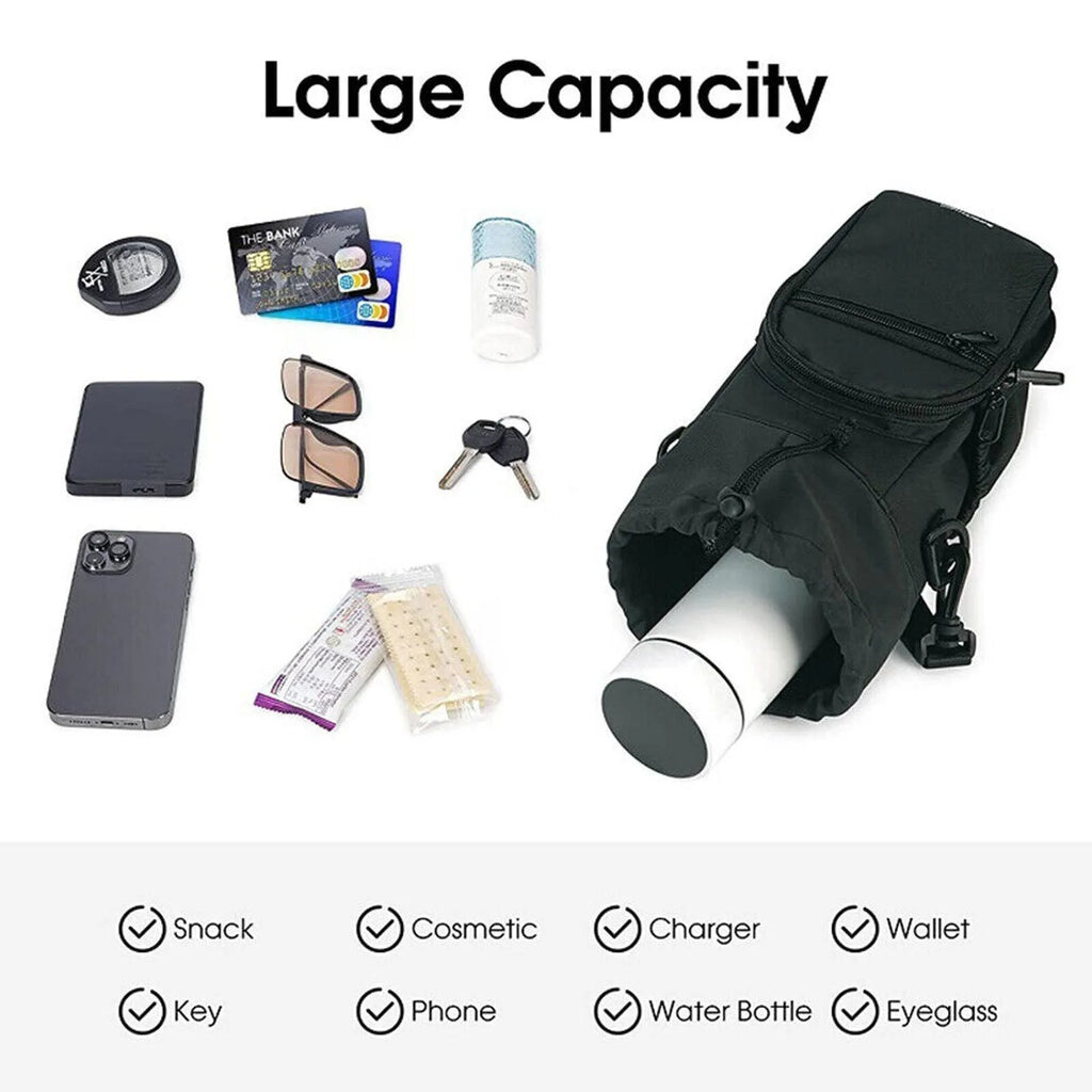 Cloth water bottle pouch with crossbody shoulder strap in black, green, and pink colour options.