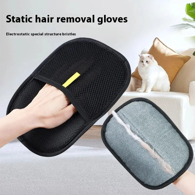Black pet hair remover glove with dual-sided silicone bristles for grooming dogs and cats.