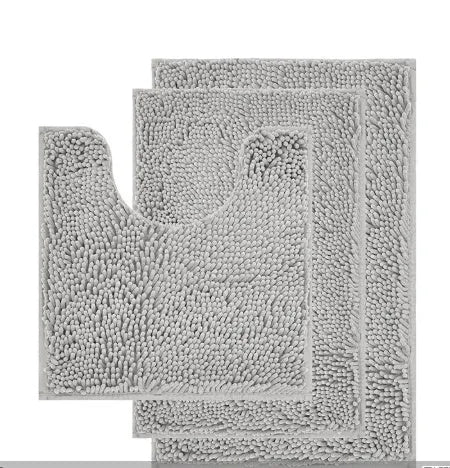 Chenille long hair bathroom toilet carpet three-piece set showing U-shaped and rectangular mats.