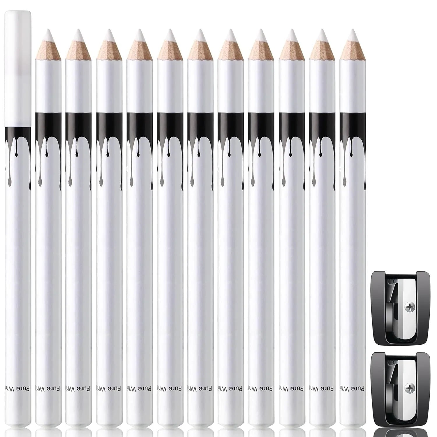 12 white and black retractable eyeliner pencils with sharpener for waterproof makeup application