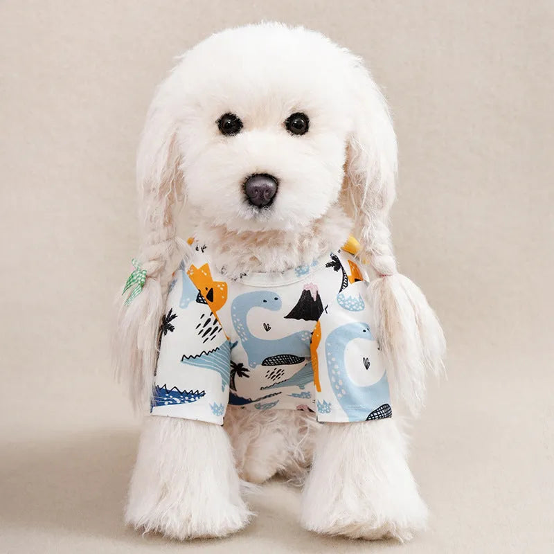 Printed polyester dog t-shirt for small dogs showing colour patterns and size options with weight guidance